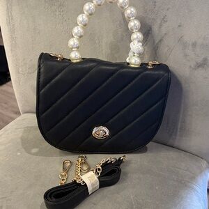 Macy's Black Quilted Shoulder Bag with Pearl Handle